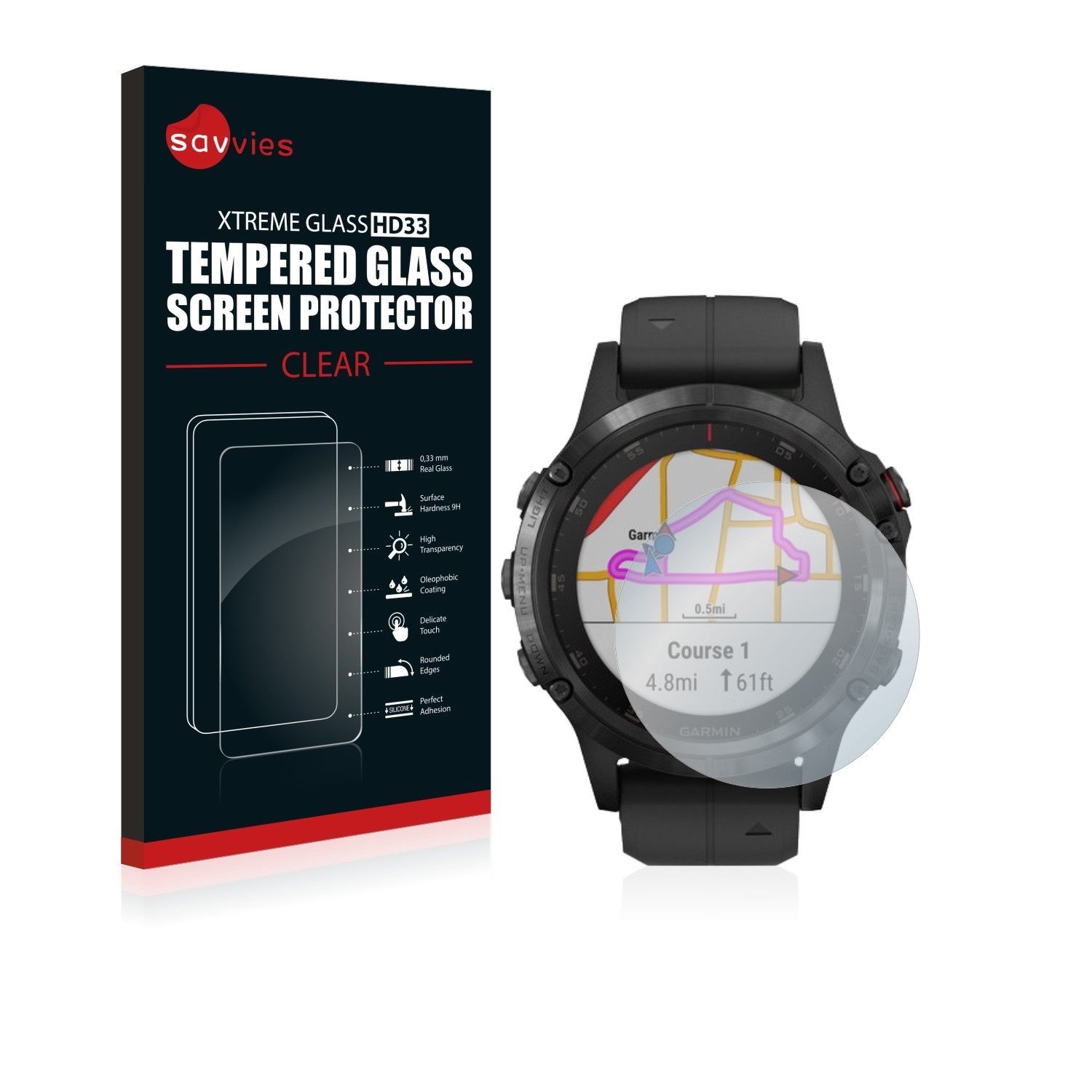 Garmin fenix 5 Plus 47mm Savvies Xtreme HD33 Tempered Glass Screen Protector