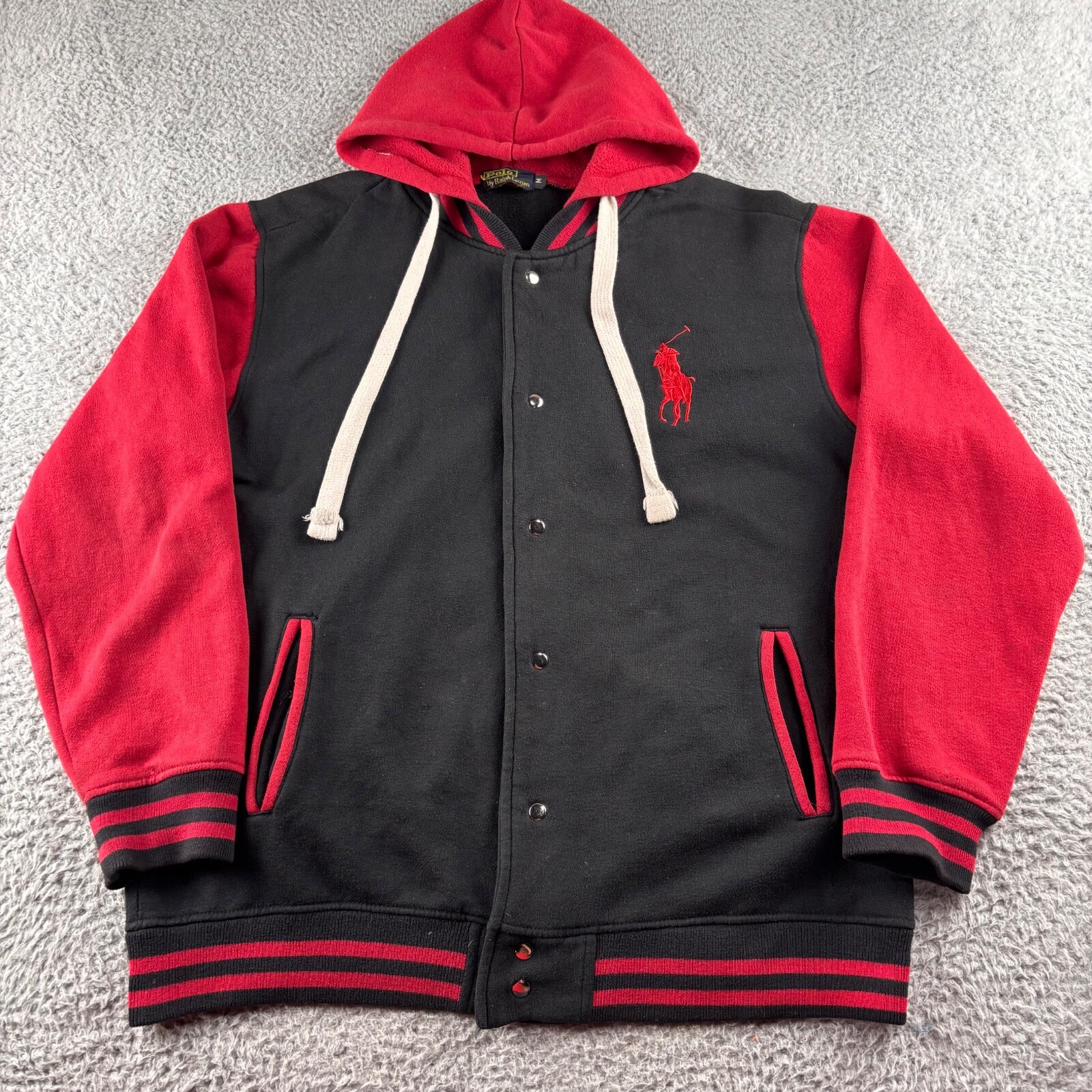 Giacca Vintage Polo Ralph Lauren Varsity Uomo M Nera Rossa Felpa con Cappuccio Big Pony Bottone a Scatto