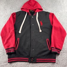 Vtg Polo Ralph Lauren Varsity Jacket Men M Black Red Hoodie Big Pony Snap Button
