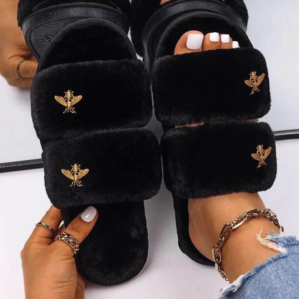 Women Fluffy Faux Fur Slippers Slides Flip Flops Designer Sandals