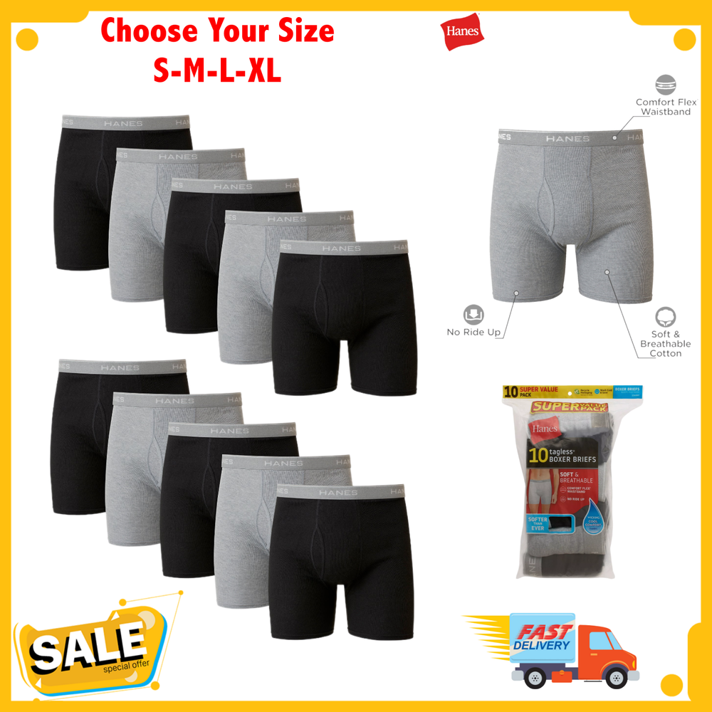 Hanes Boxer Briefs 10-Pack Men's Tagless Comfort Flex Waistband Soft Tag Free