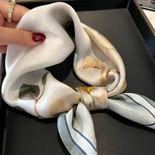 100% Silk 21'' Scarf Women Vintage Head Wrap Small Kerchief Turban White Flower