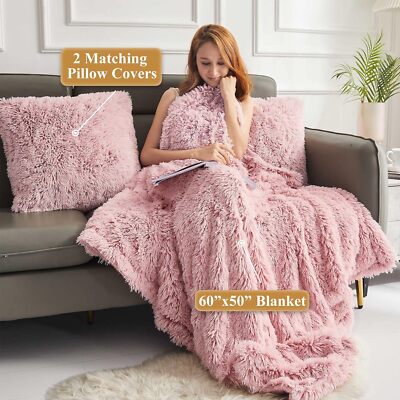 pink fluffy blanket with pillow cover pieces set