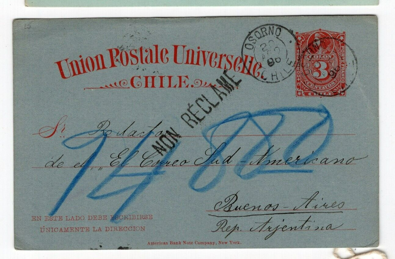 CHILE 1896 OSORNO to Buenos Aires Argentina scarce postmark NON RECLAME