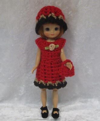 Made to fit TINY BETSY McCALL Handmade Crochet Clothes #11 Dress Hat & Purse Set