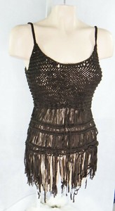 Crochet Knit Brown Fringe Boho Tunic Bebe Medium Dress Tank Top Woven Sheer Nude Ebay