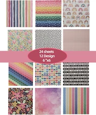 24Pcs Boho Scrapbook Paper Pad, 12 Designs Single-Sided Decoupage Craft Paper，6"