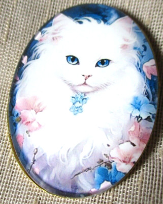 XL GLASS DOME PICTURE BUTTON - BEAUTIFUL WHITE CAT WITH BLUEST EYES - 1-1/2