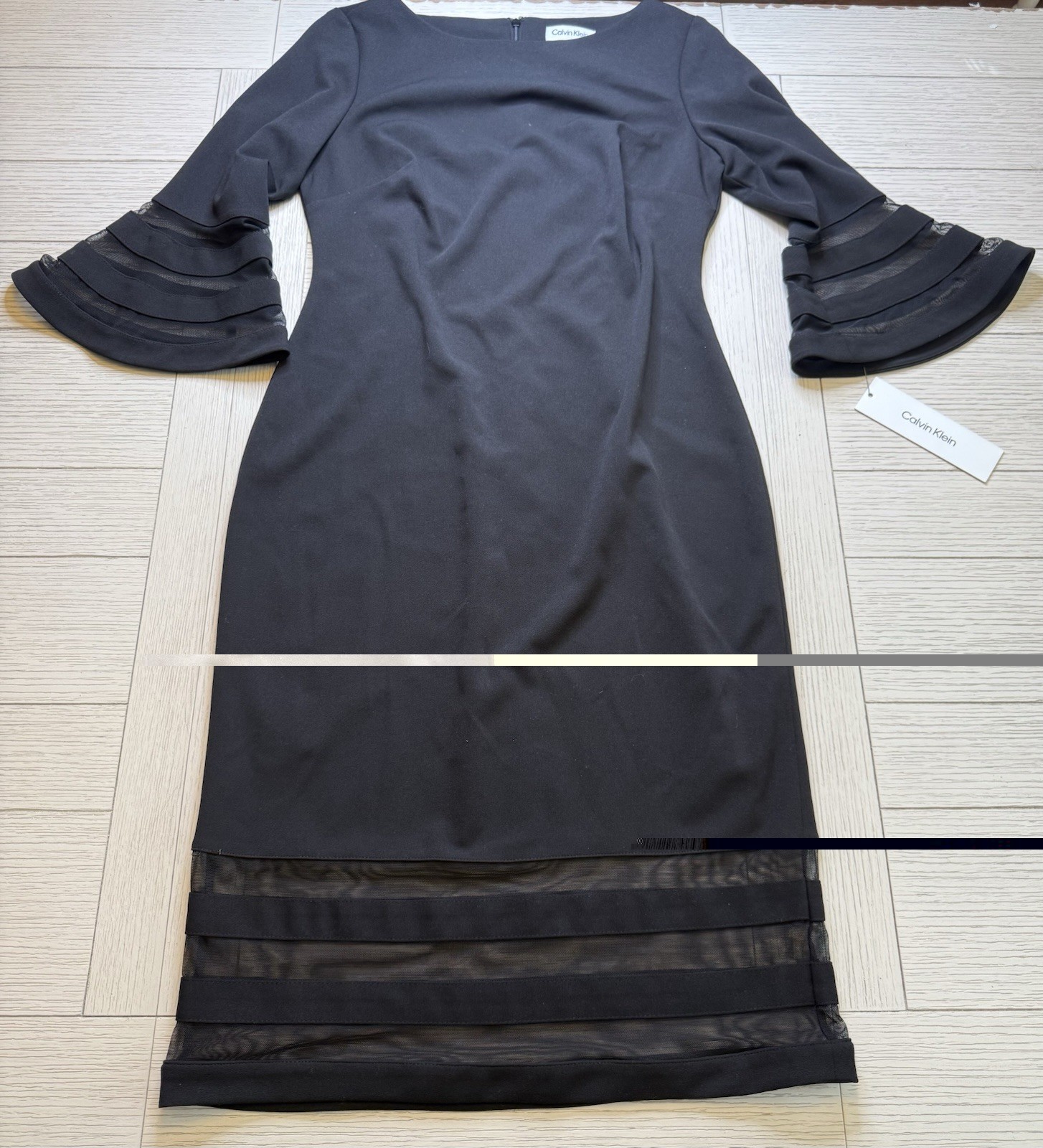 NWT Calvin Klein Illusion Band Bell Sleeve Black Sheath Dress Size 6 MSRP $89.98 thumbnail 2