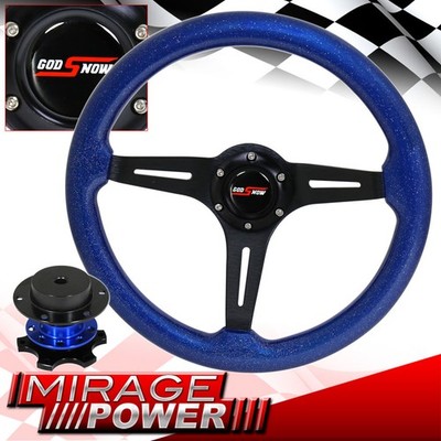Metallic Blue Wood Black Center Steering Wheel + Competition Style Quick Release