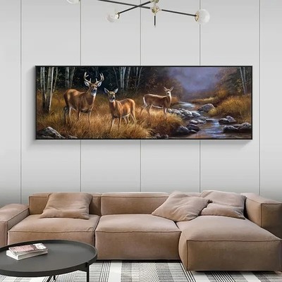 Panoramic Chic Forest Deer Group Landscape Painting Canvas Wall Art Home Decor