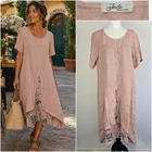 J Stile Womens Size L Dusty Rose Linen Dress Floral Layered Boho Made In Italy