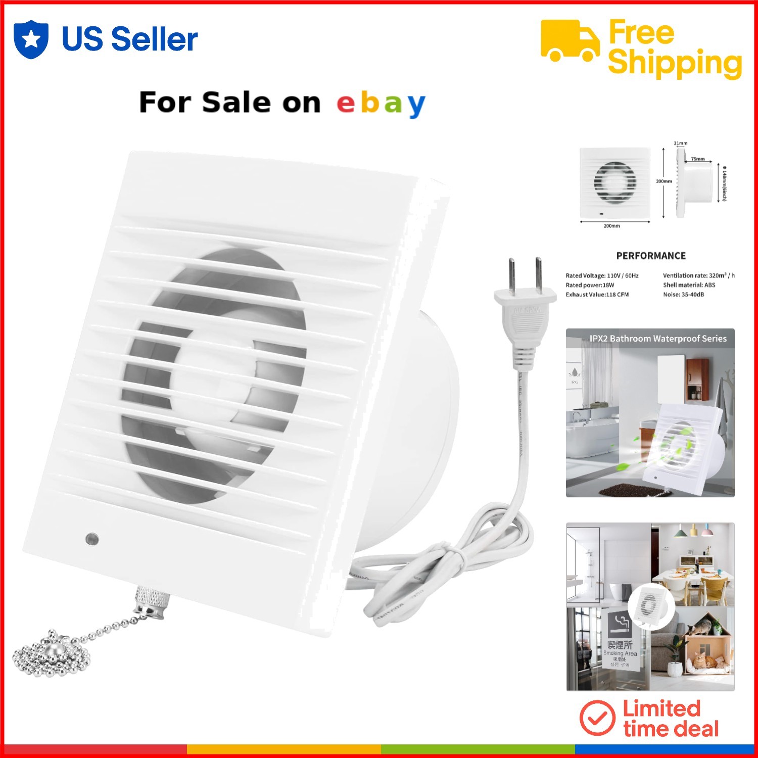 Plastic Exhaust Fan 188 CFM 18W Wall or Window Mount for Kitchen Bathroom Ventilation