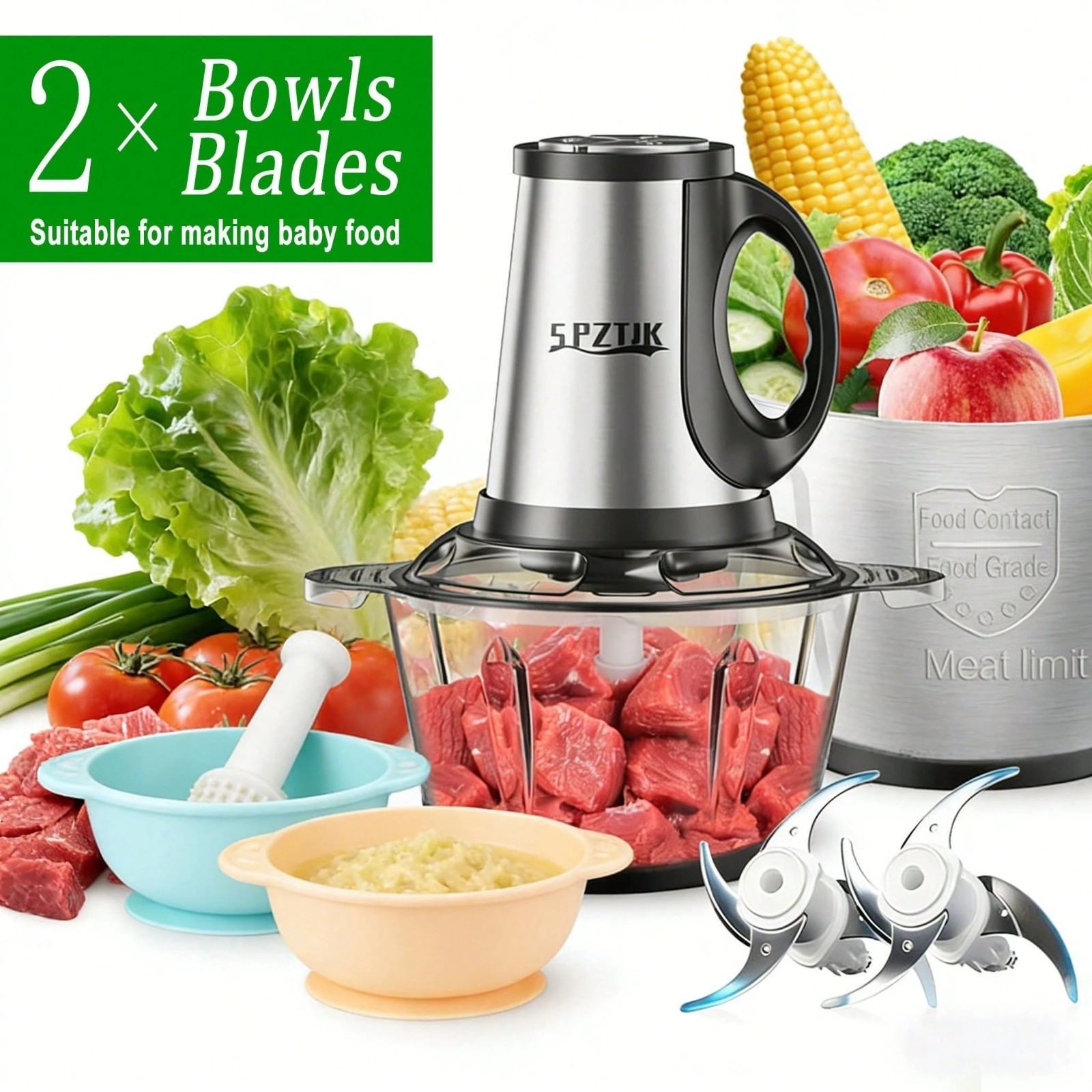 SPZTJK Electric Food Processor 2L Meat Grinder w/ 2 Bowls & 