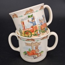 PAIR Royal Doulton Bunnykins Child's Mug Fine Bone China Bunnies on a Train 1936