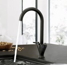 Modern Mono Kitchen Sink Mixer Tap Twin Lever Black Curved Swivel Spout Faucet