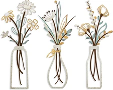 3 Pieces Metal Flowers Wall Arts - Rustic Farmhouse Decor Beige Minimalist Flowe