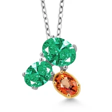 925 Silver and 10K Yellow Gold Green Zirconia and Orange Sapphire Pendant