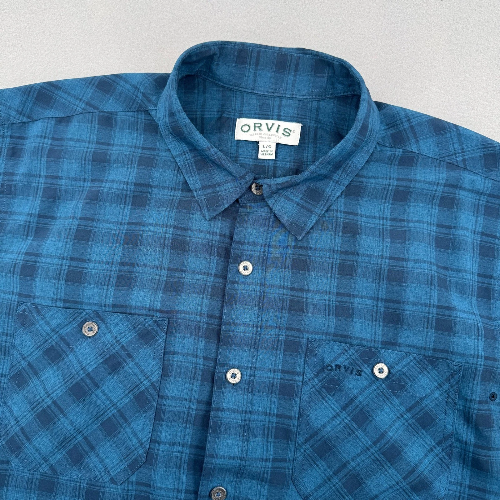 Orvis Performance Tech Short Sleeve Button Down Mens L Blue Plaid Hiking Fishing