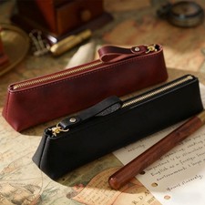 2-Pack Leather Pencil Pouch Zipper Pen Case Stationery Box Makeup Bag