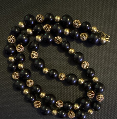 Trifari Signed Black & Gold Beaded Necklace Ball/Bead Chain Hook Clasp