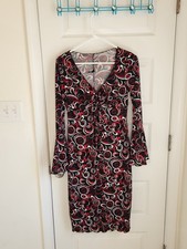 Trixxi Size S Pullover Dress Red Multicolor V Neck Bell Sleeve Midi READ #D9