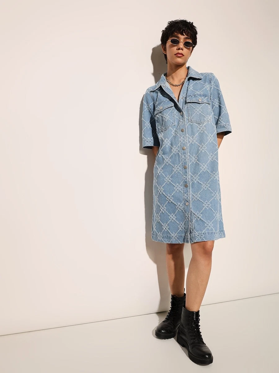white christmas dresses Sunflower Radiance Denim Dress with Floral Details main image 0
