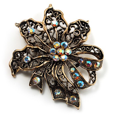 Bronzefarbene Vintage filigrane Blumen Brosche