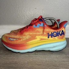 Hoka One One Clifton 9 Shoes Womens Size 9.5 Rainbow Red Yellow Running Sneakers