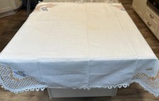 Table Topper Off White Linen w Embroidered Corners 35 Sq Tablecloth Vintage