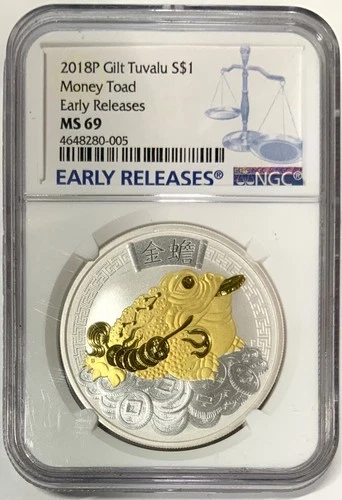 2018P Gilt Tuvalu 1oz. Fine Silver $1 Money Toad Early Releases NGC MS-69