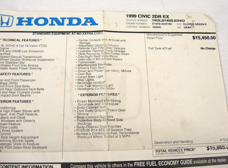 Honda Civic EX VTEC 1999 1,6 L 5 velocidades genuino original Monroney pegatina ventana Foto 3 de 4