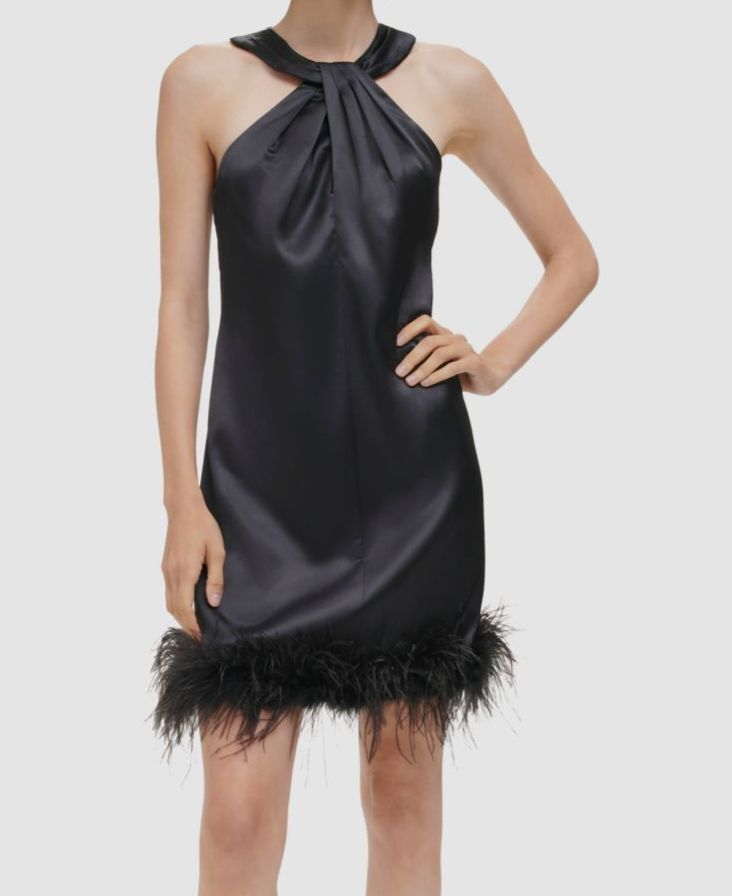 halter neck feather trim cocktail dress Lumi | White Sequin High-Neck Feather Trim Mini Dress