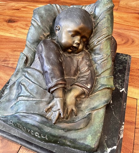 A. Auguste Moreau Bronze/Marble Sleeping Baby Statue Sculpture Reproduction - Picture 4 of 12