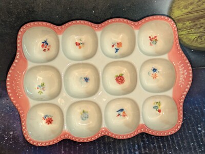 HEAVY 2lb Pioneer Woman Celia Stoneware Egg Holder Coral 6 X 9'' Holds 12 Eggs
