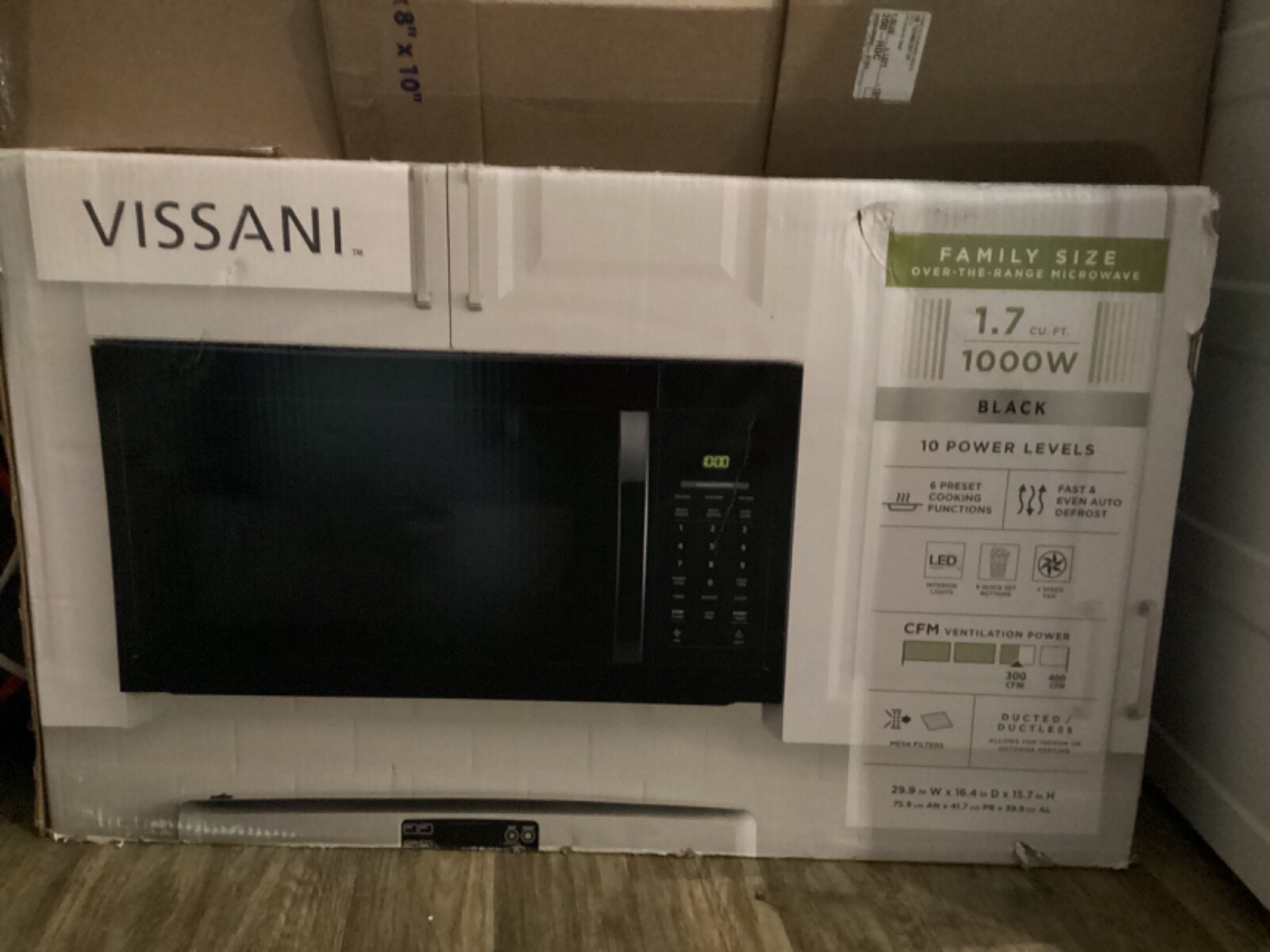 Vissani, over the range microwave Black, new, 1000w, 1.7 cu.ft. Duct
