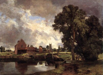 Oil painting village landscape Dedham-Lock-and-Mill-John-Constable-Oil-Painting