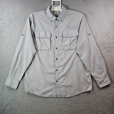 Cabela's Vented Shirt Men Medium Button Up Long Sleeve White Gray Plaid Roll Tab
