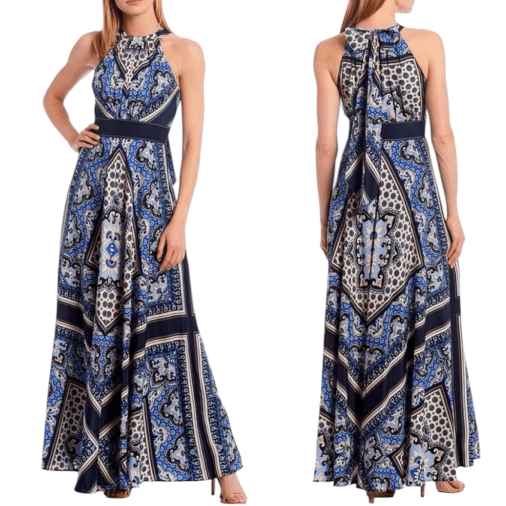 Eliza J Maxi Dress Gown Size 4 scarf floral print halter neck blue, white, and Eliza J Maxi Dress Gown Size 4 scarf floral print halter neck blue, white, and