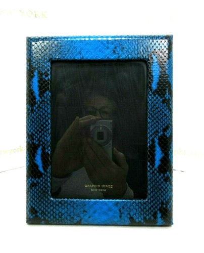 Leather Photo Frame Holds 5x7" Graphic Image Blue Python Embossed Gift Box