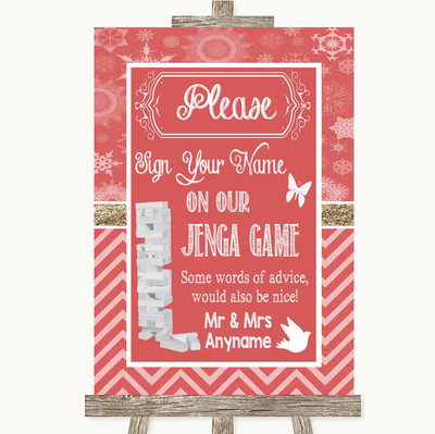 Rotes Winter Jenga Gästebuch personalisiert Hochzeitsschild