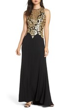 TADASHI SHOJI Black Gold Mosaic Sequin Stretch Crepe Train Gown Dress 6 US = S
