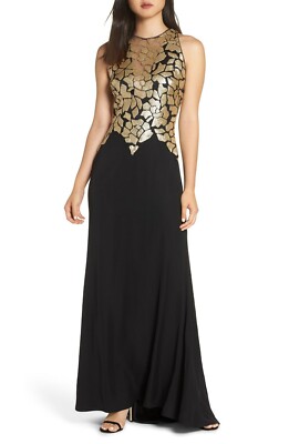 TADASHI SHOJI Black Gold Mosaic Sequin Stretch Crepe Train Gown Dress 6 US  = S | eBay