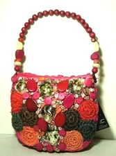 Sun N Sand Pink Bead Shell Purse Bag NWT Handcrafted Tote Wood Shapes Beaded Art