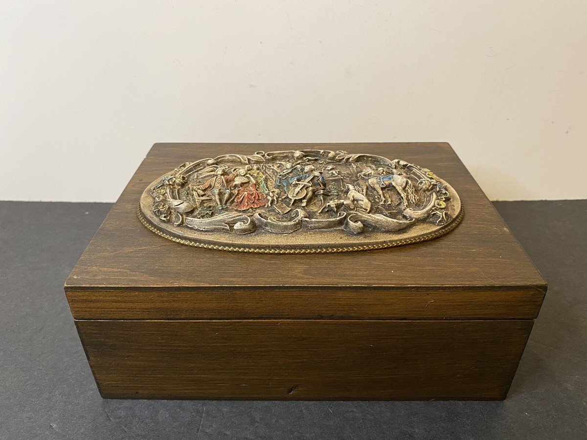 antique wooden tobacco box Antique Handcrafted Wooden Jewelry Tobacco Box Ornate Victorian Scene  Hinged Lid