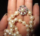 14K Vintage White Gold Ruby Art Deco Clasp Cultured Pearl Necklace Strand 16" — photo 6