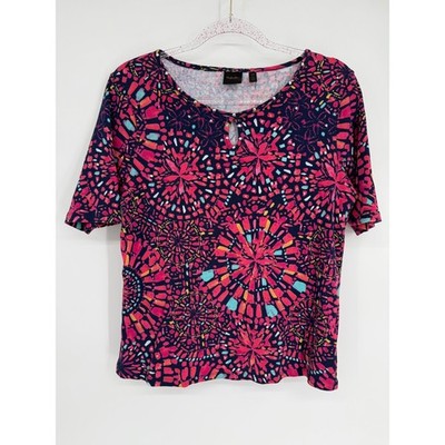 Rafaella Womens Top L/G Navy Blue Pink Geometric Print Short Sleeve Shirt