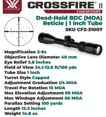 #ad Vortex Crossfire II 3 9x40 Scope Dead Hold BDC MOA Reticle CF2 31007 $85.99