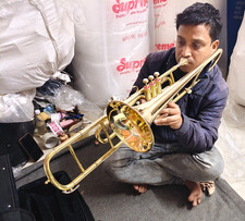 TROMBONE 3VALVE MADE OF PURE BRASS METAL IN GOLD POLISH CASE BOX FREE SHIPPING