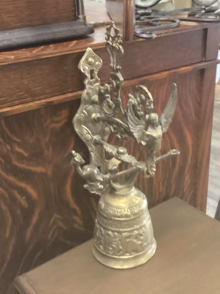 Antique Brass Monastery Bell w/ Angel &  Inscription - Image 3 of 4